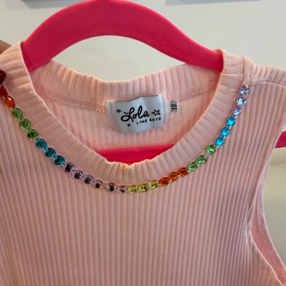 Lola + The Boys Pink Ribbed Top with Rainbow Gem Neckline